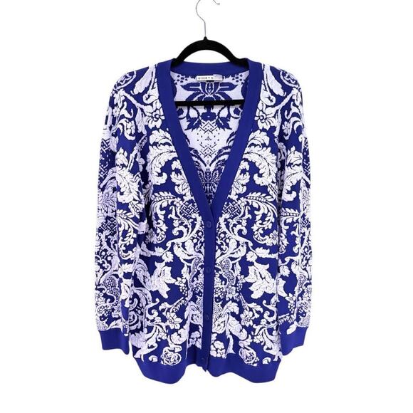 Alice + Olivia Bradford Paisley Grandpa Cardigan Blue White Size Large Sweater - Picture 6 of 14